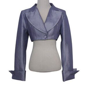 Ellae Lisque Satin Cropped Jacket Womens Size Medium Purple Stretch 1 Button NEW
